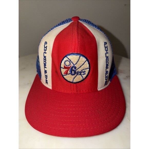 Vintage 1980s PHILADELPHIA 76ers Snapback Hat Cap Mesh AJD Lucky Stripes NBA - Picture 1 of 11